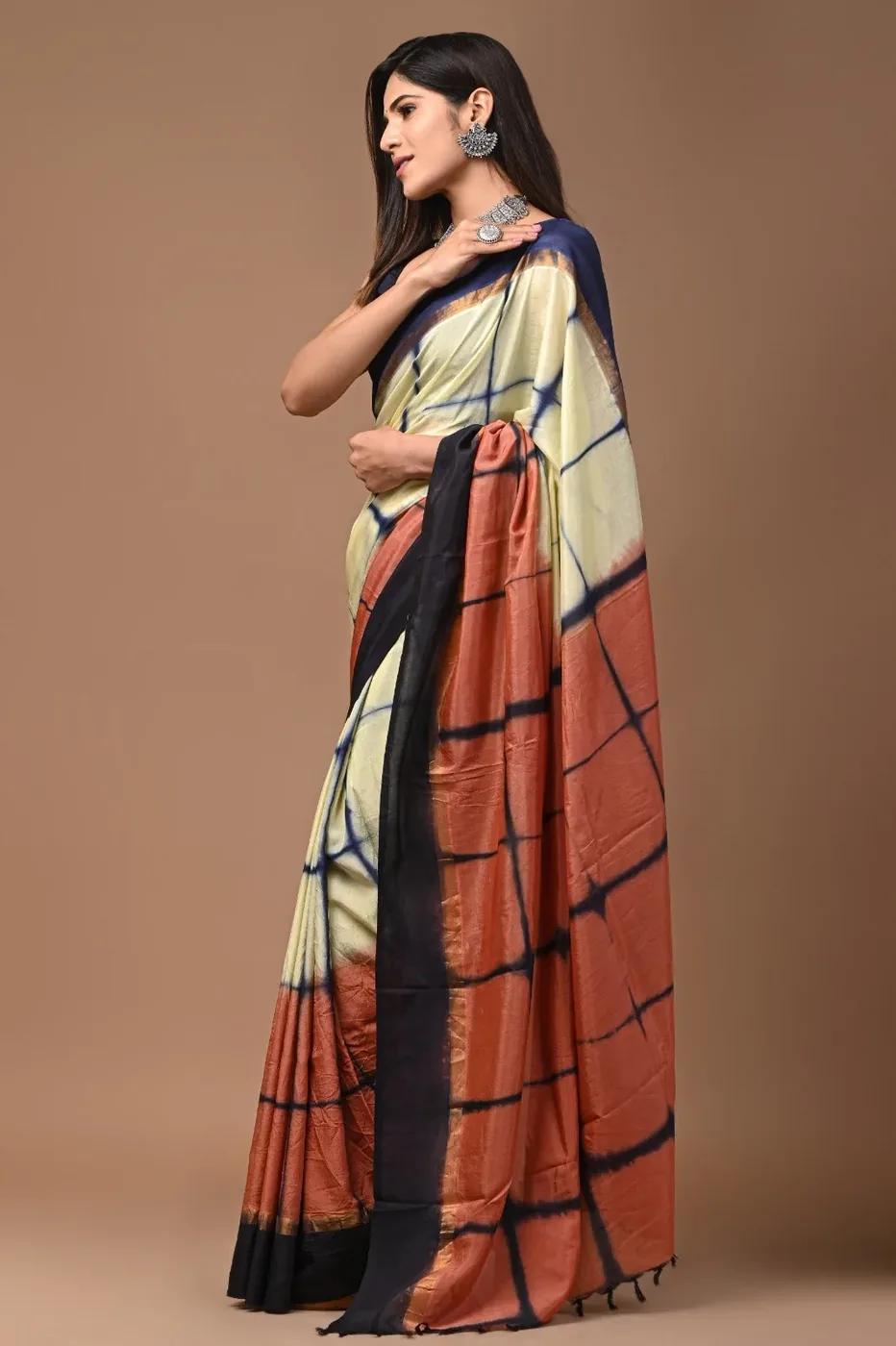 Assam silk with Indian Shibori patterns -orange and black checks