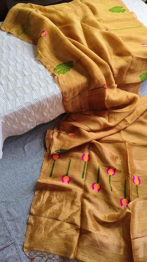 Silk Linen Sarees-Tulip style Floral Motifs