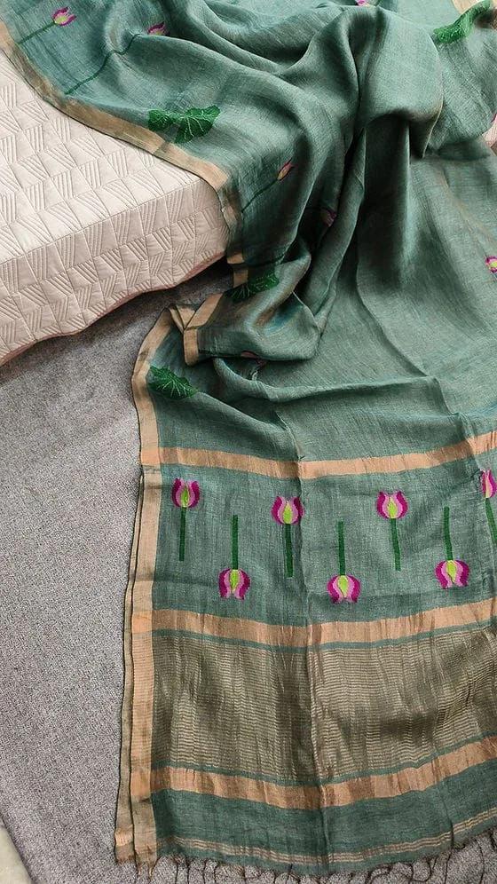 Silk Linen Sarees-Tulip style Floral Motifs, photo 5