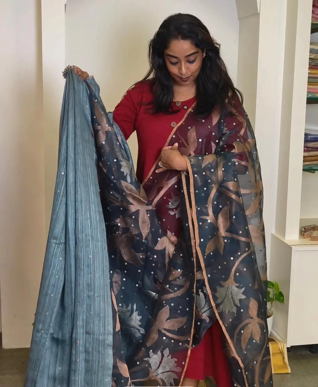 Jamdani Muslin Tussar Silk Saree, photo 5