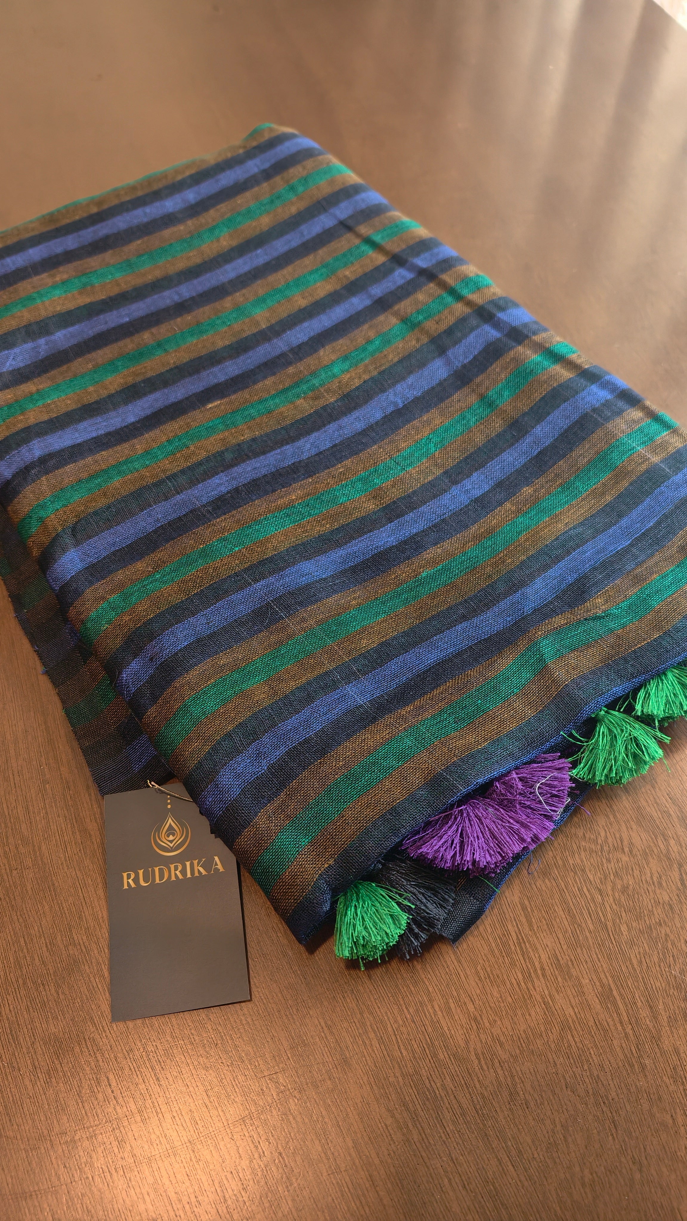 Linen - black multicolour stripes with violet and green