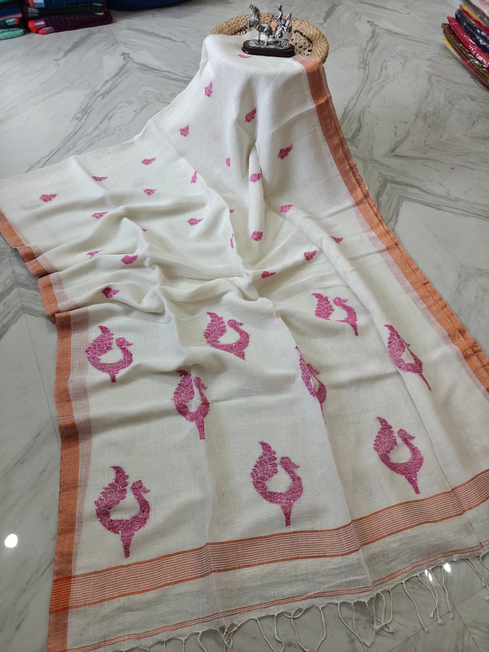 Linen Sarees with Peacock and Floral Motif