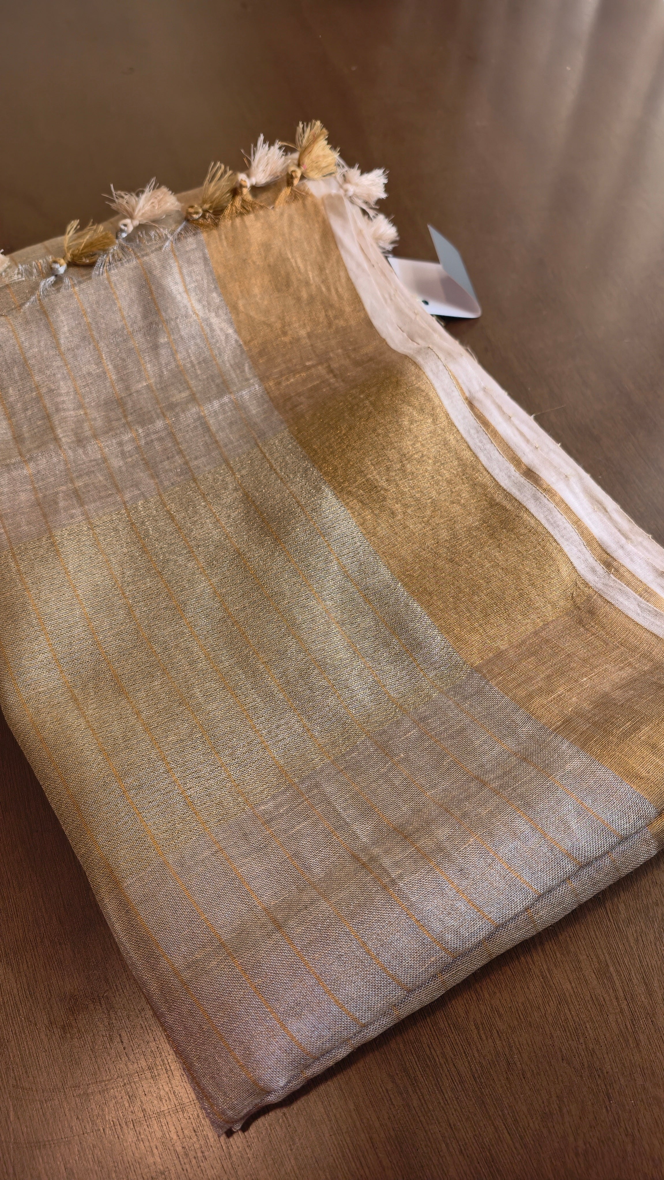 Linen - ivory with gold zari stripes