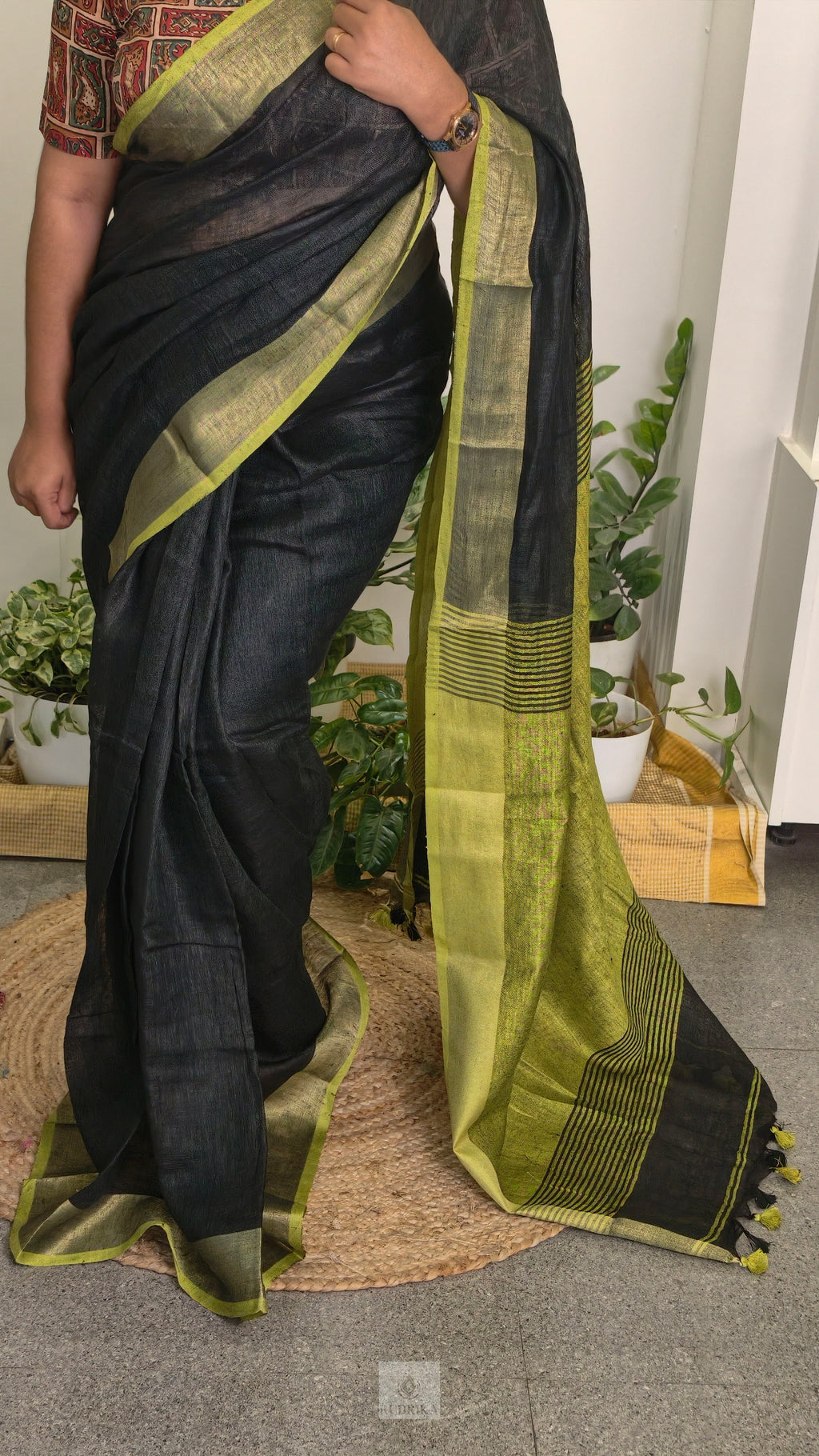 Linen saree - black with lime green border