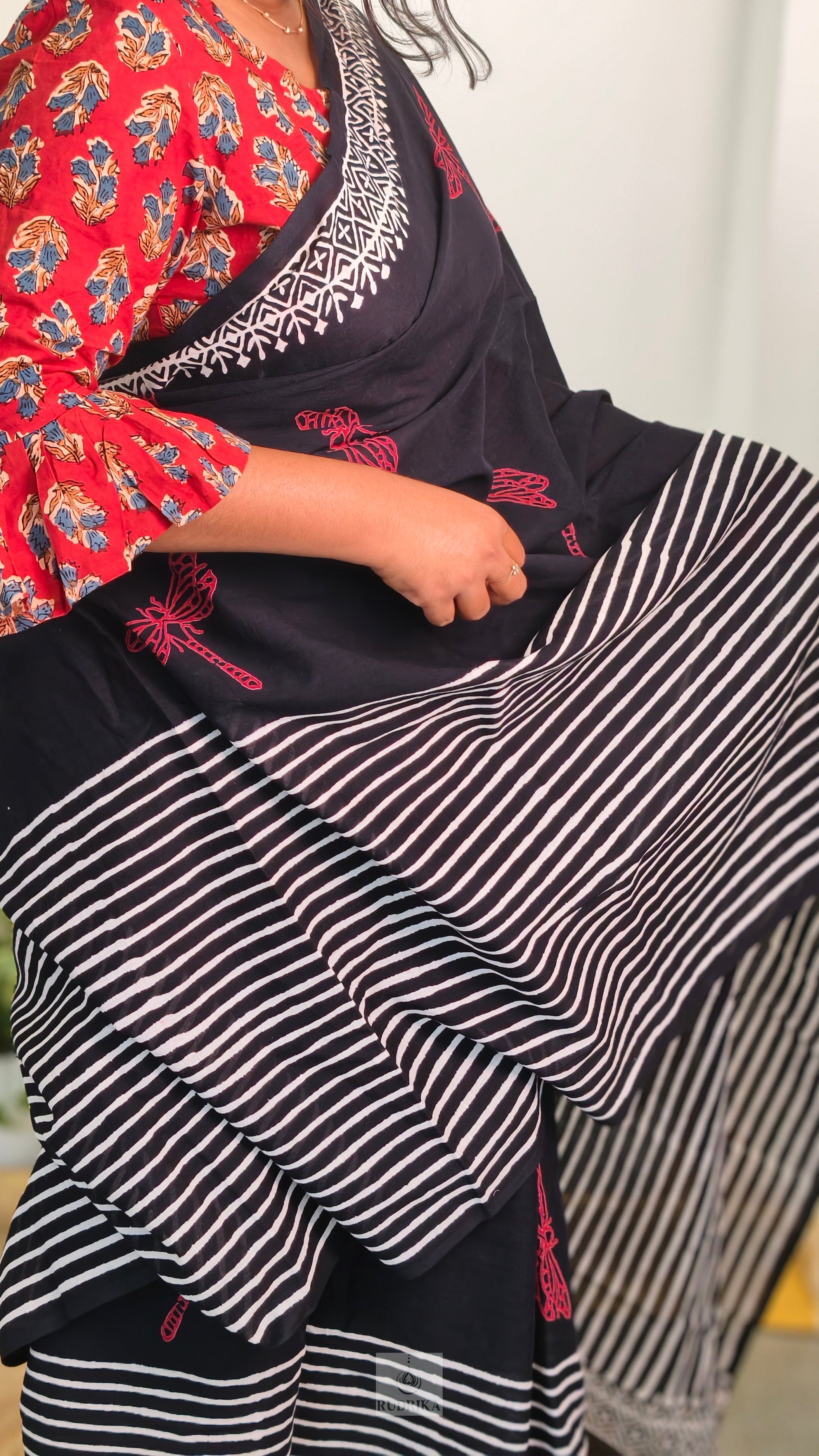 Soft cotton saree - black with red dragon flies