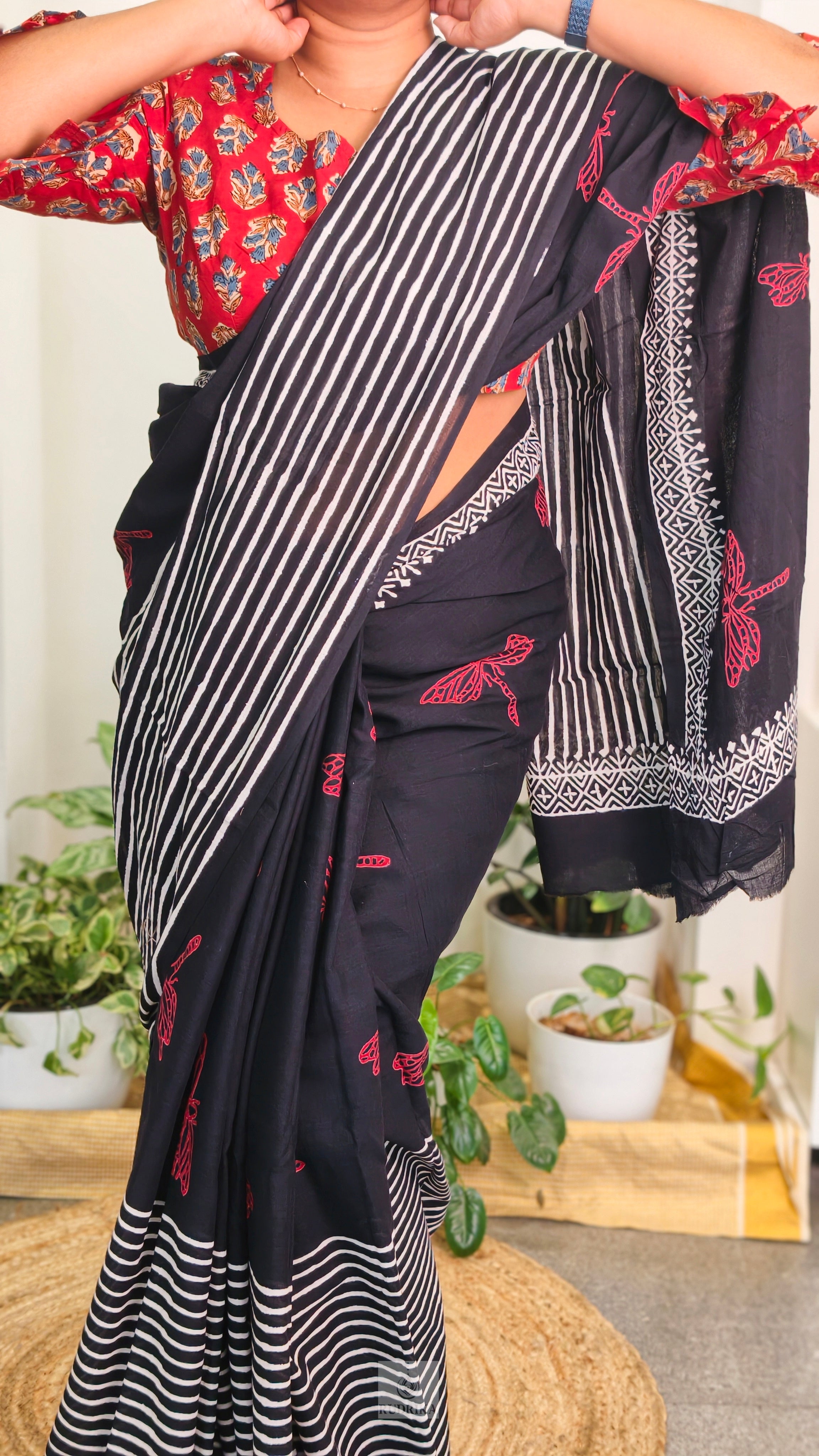 Soft cotton saree - black with red dragon flies