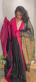 Linen saree - black with fuschia pink border