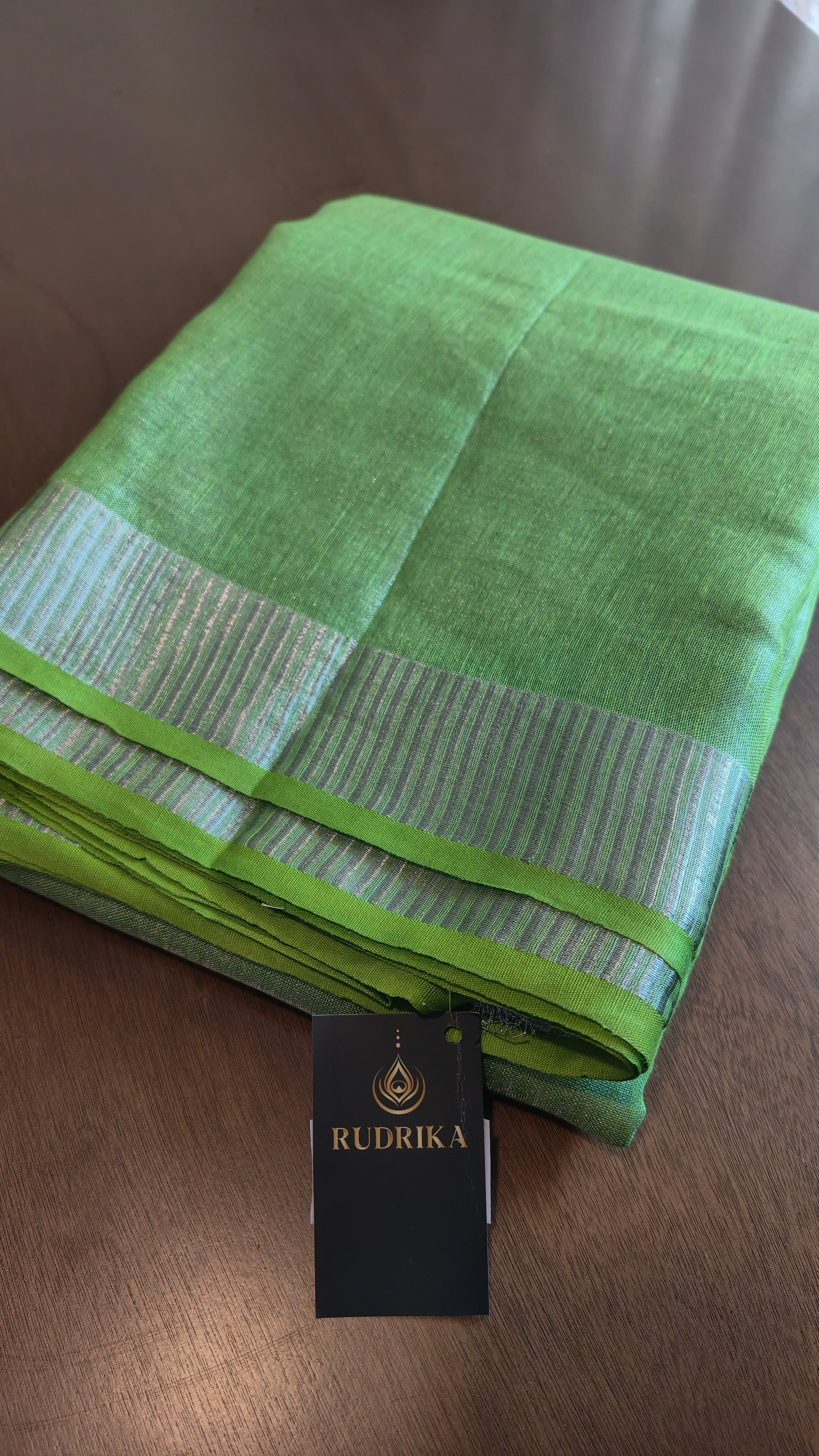 Linen - green tissue with silver zari