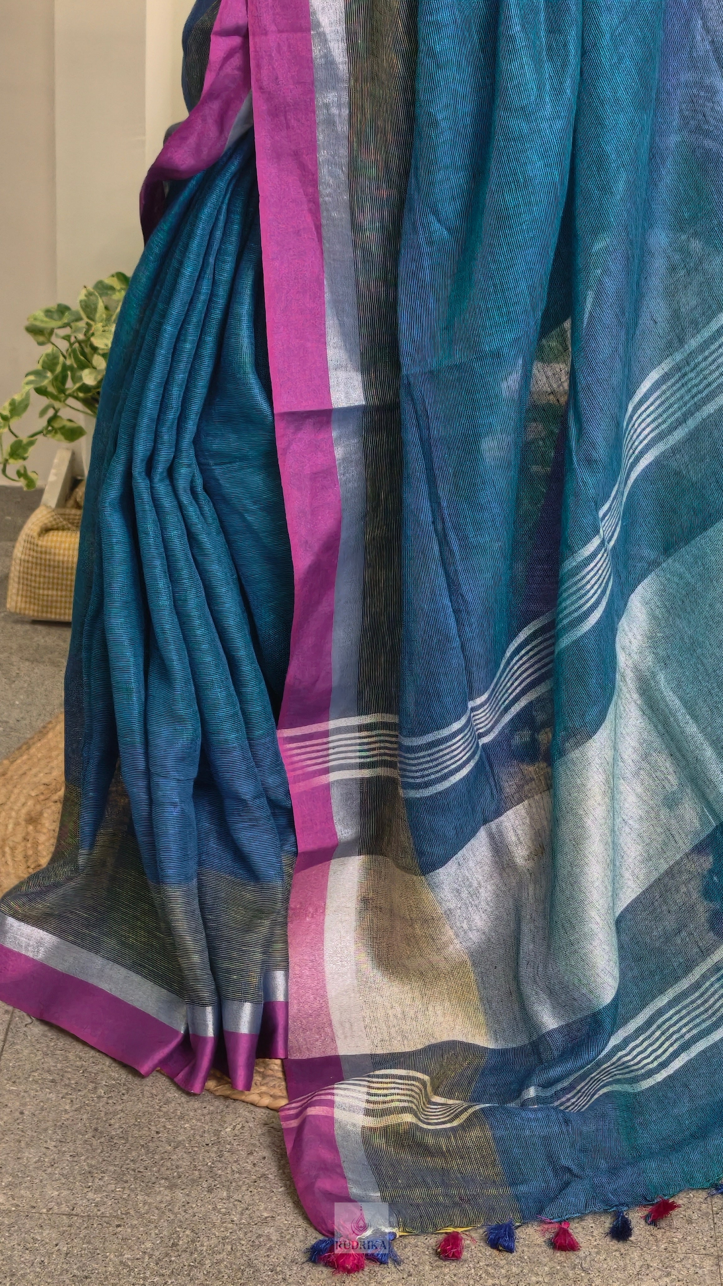 Linen saree - blue with pink border
