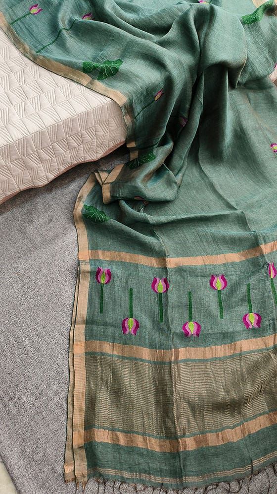 Silk Linen Sarees-Tulip style Floral Motifs