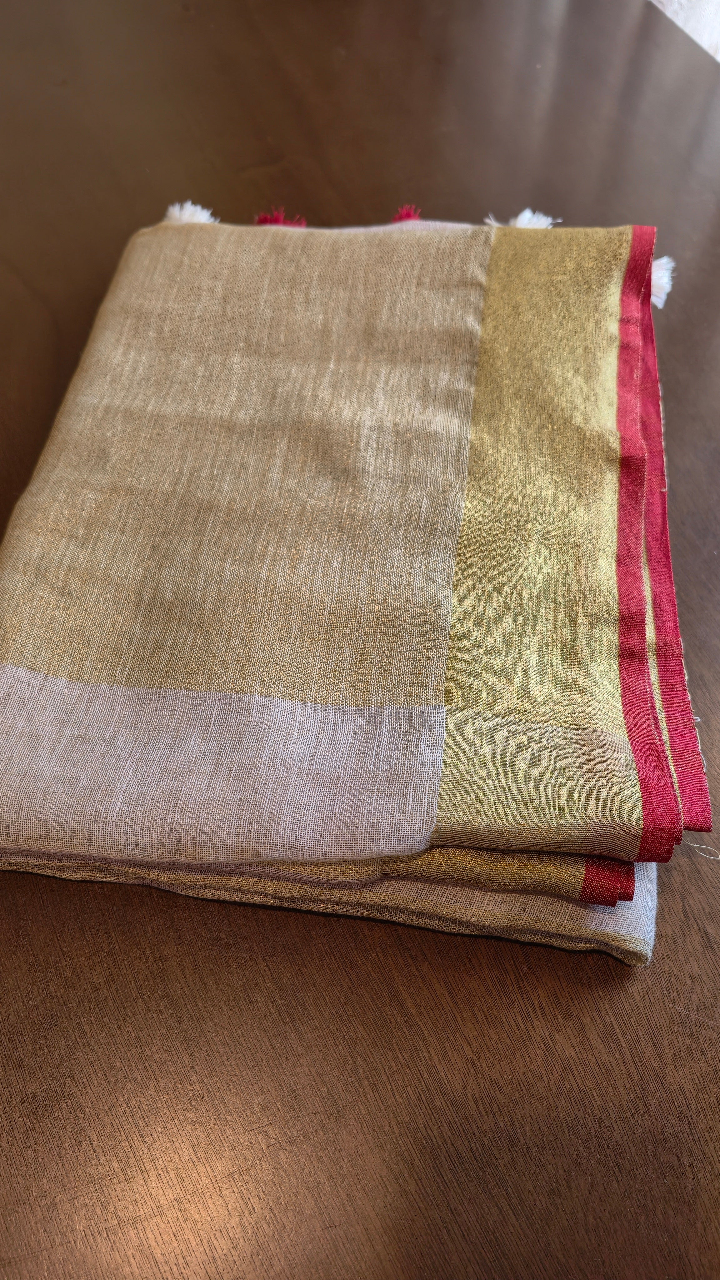 Linen - cream with red border and gold zari