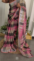 Linen saree - pink and black checks