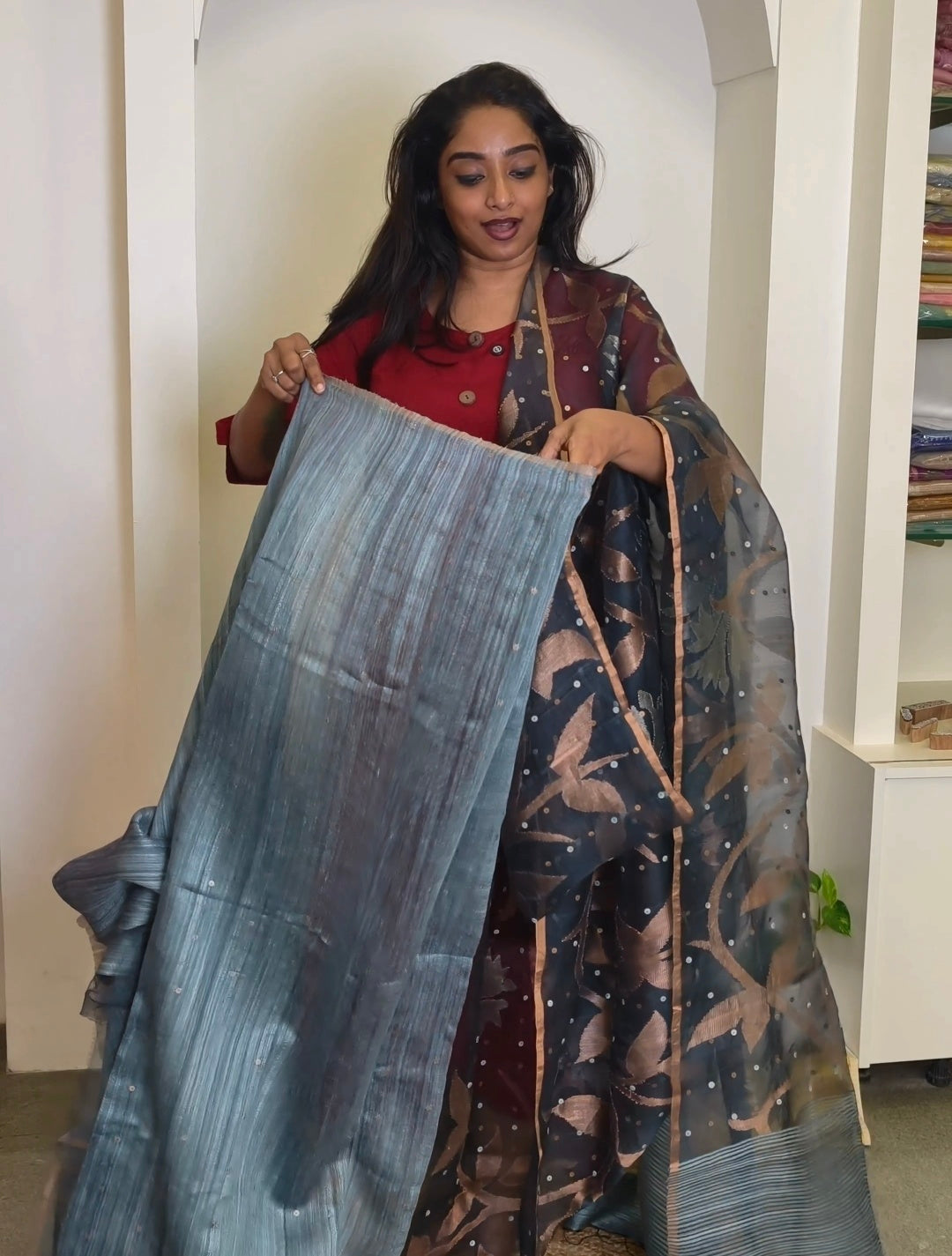 Jamdani Muslin Tussar Silk Saree