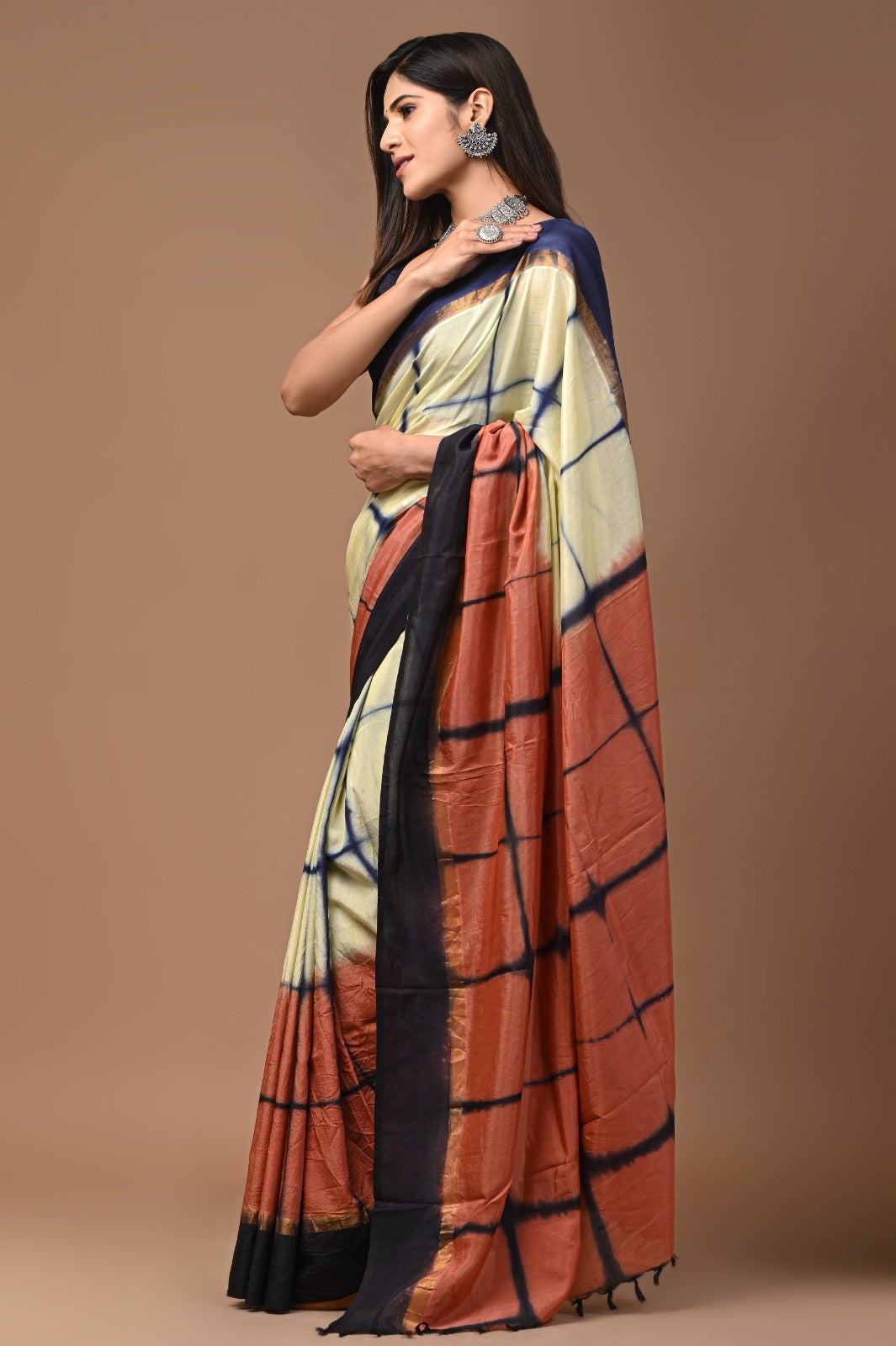 Assam silk with Indian Shibori patterns -orange and black checks