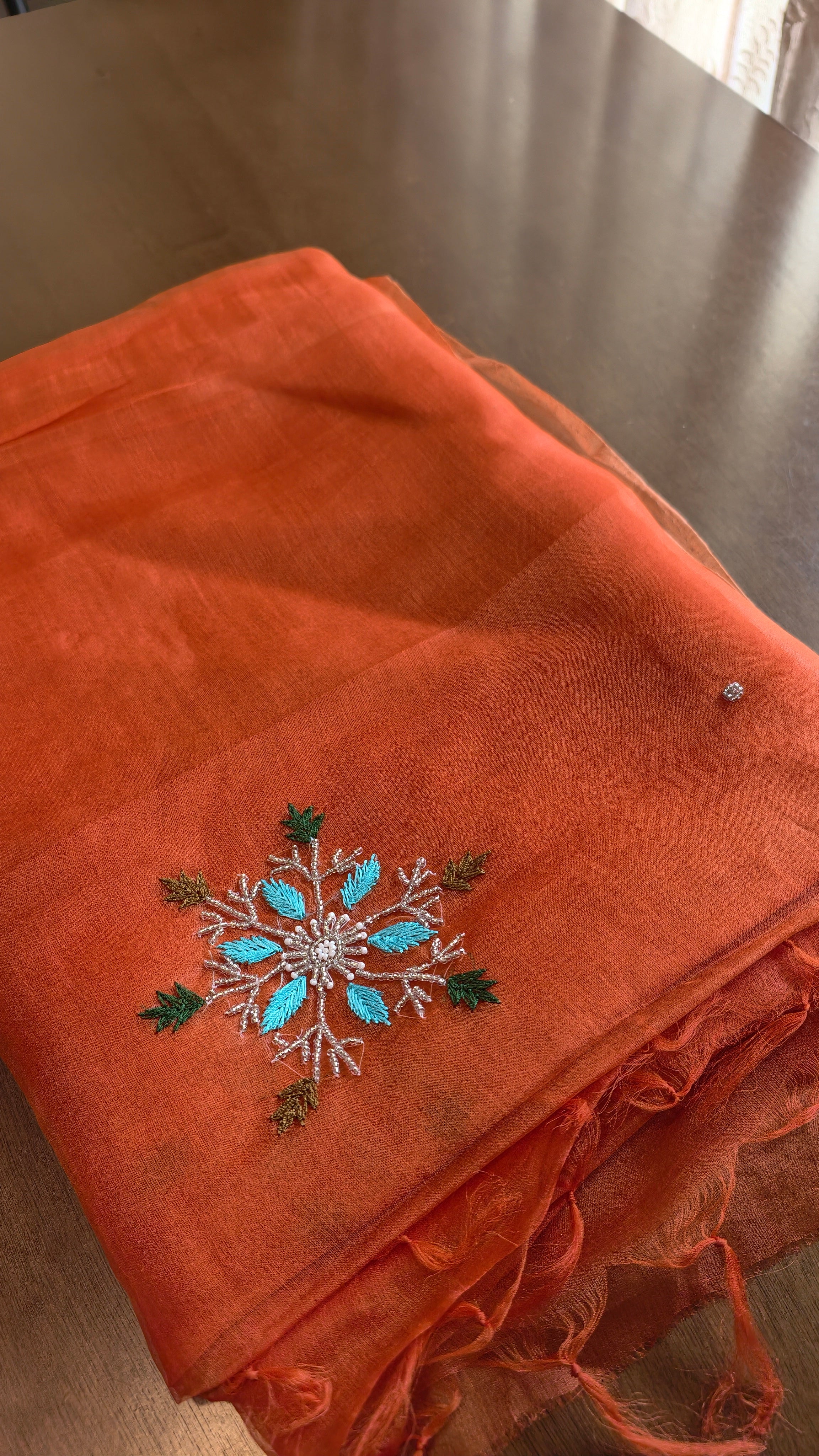 Organza - Burnt orange with blue beads