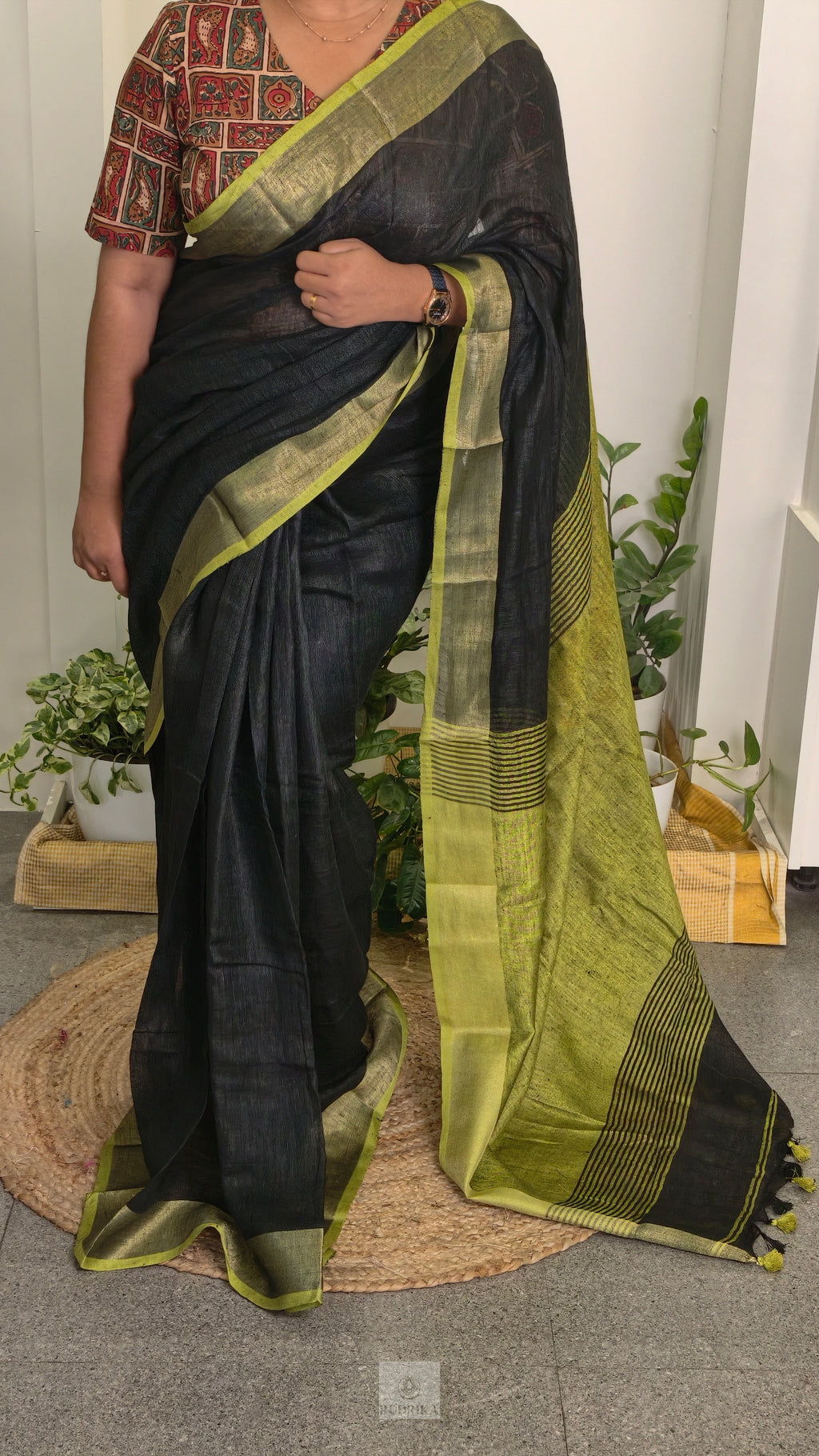Linen saree - black with lime green border