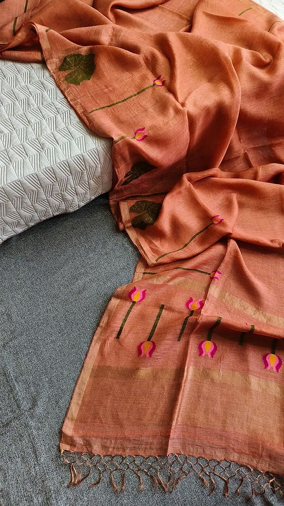 Silk Linen Sarees-Tulip style Floral Motifs