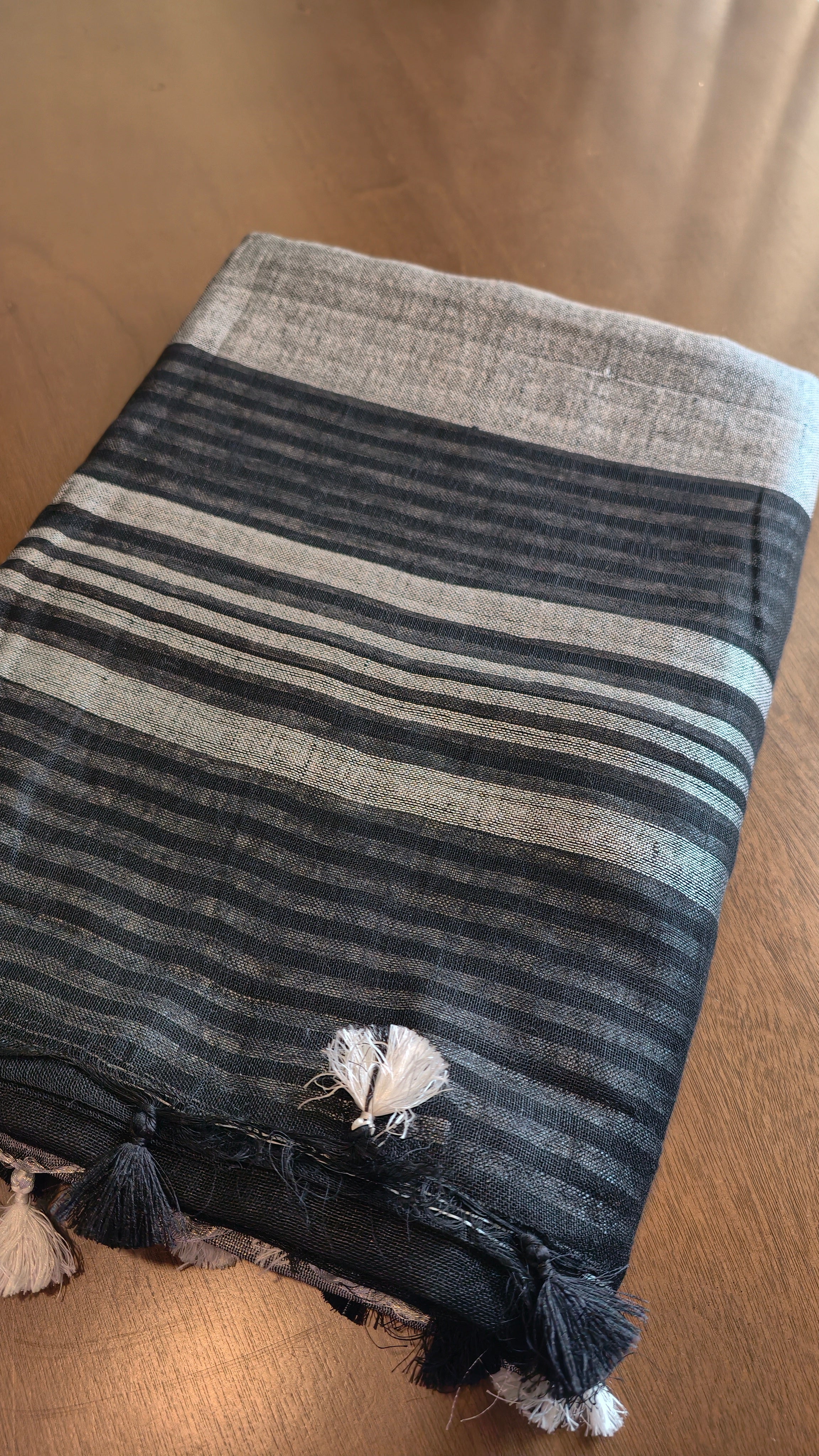 Linen - black with silver tissue zari