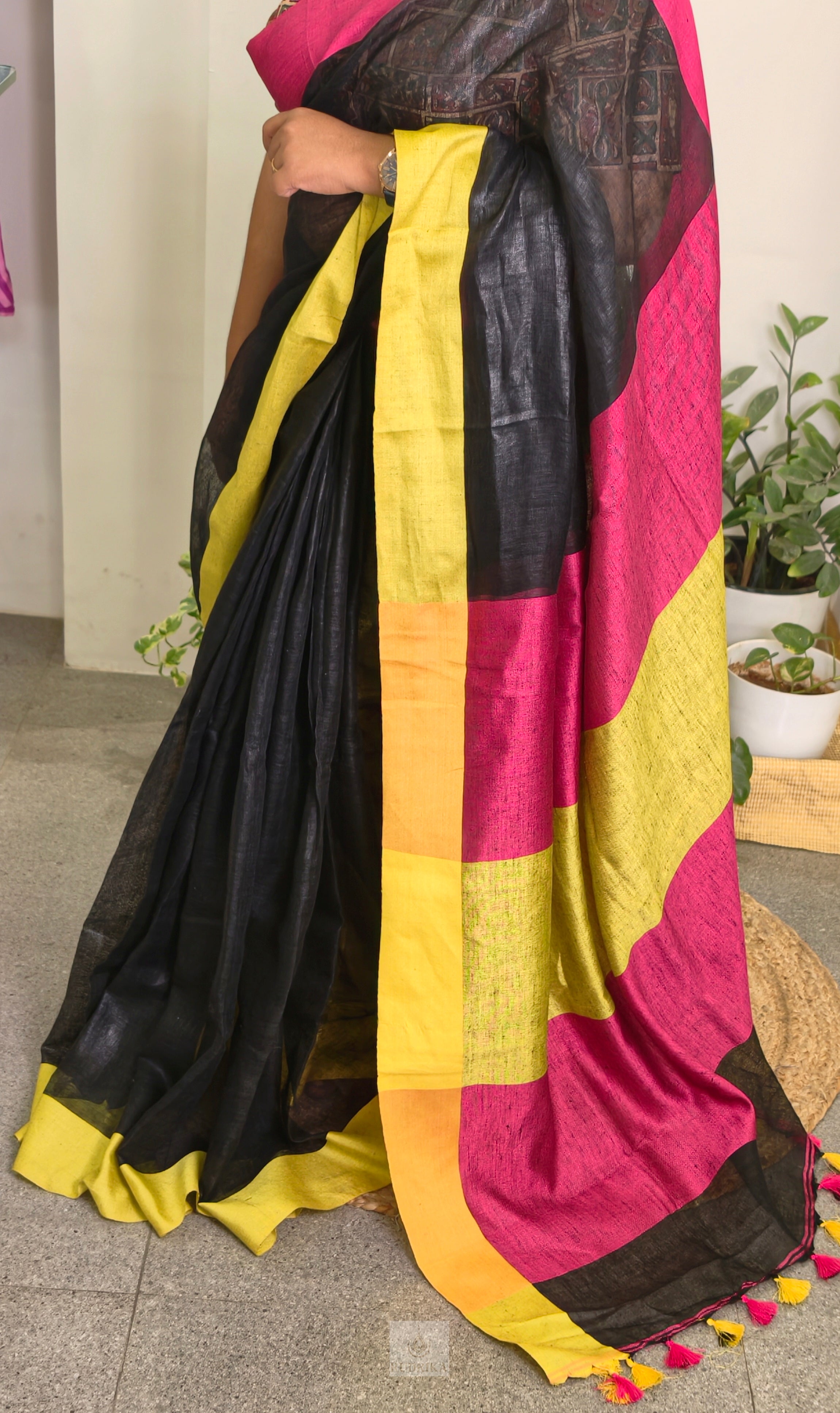 Linen saree - black with pink and lime green