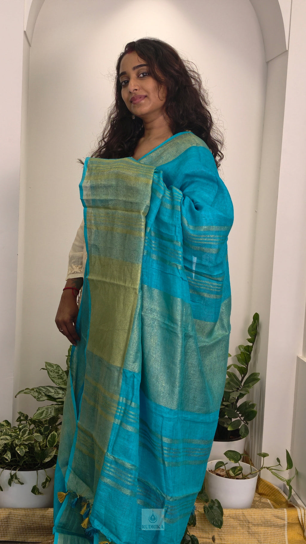 Linen saree - aqua blue with gold zari border