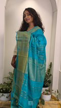 Linen saree - aqua blue with gold zari border