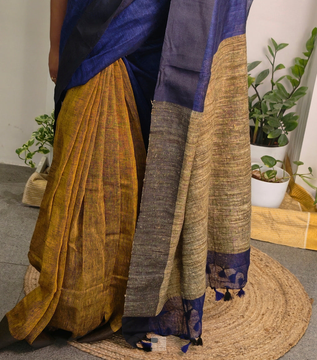 Linen saree - navy blue and brown