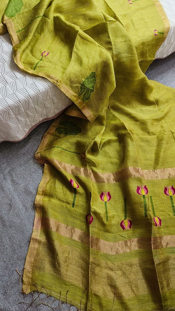 Silk Linen Sarees-Tulip style Floral Motifs
