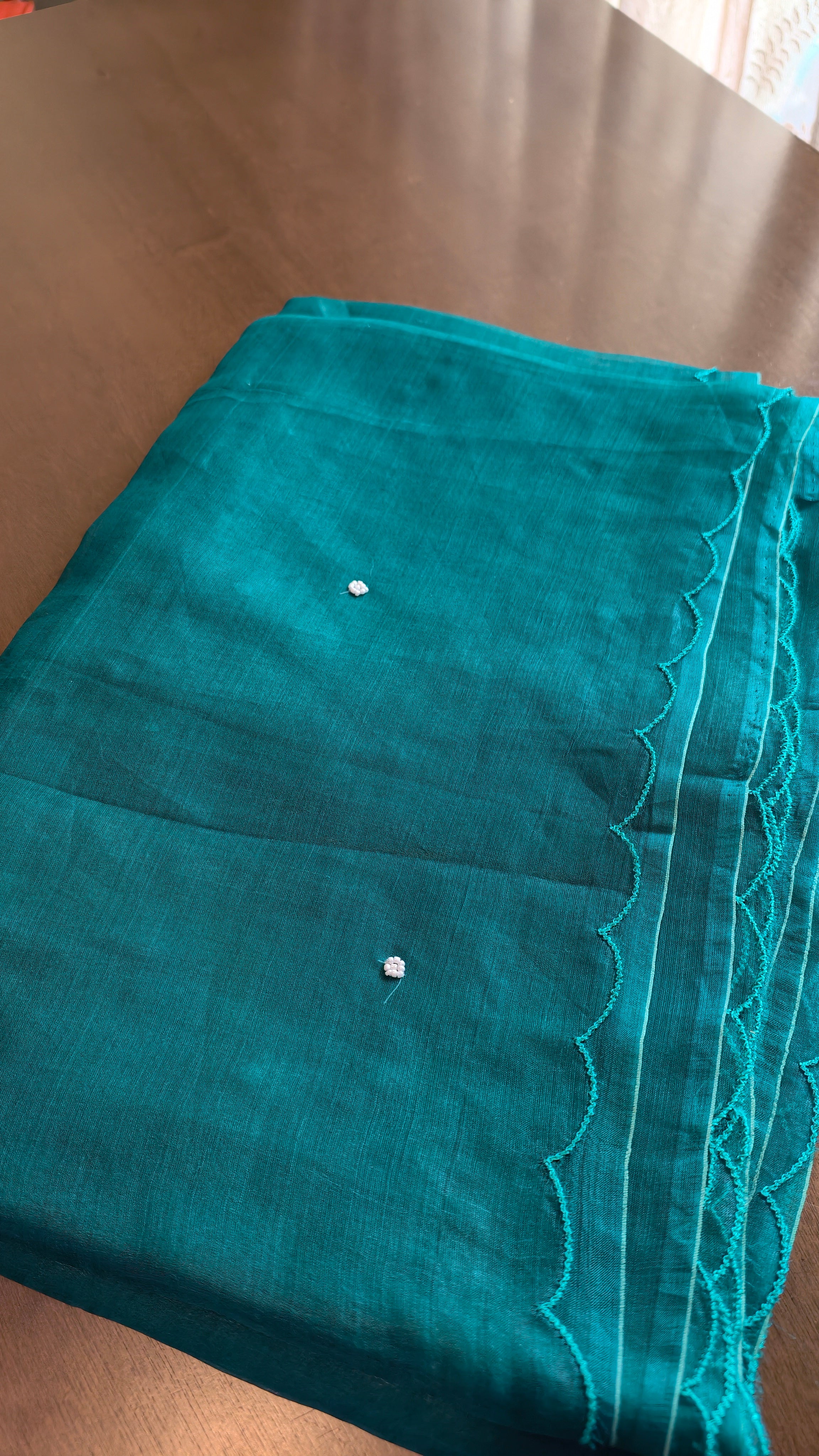 Organza - Sea blue with white pearls