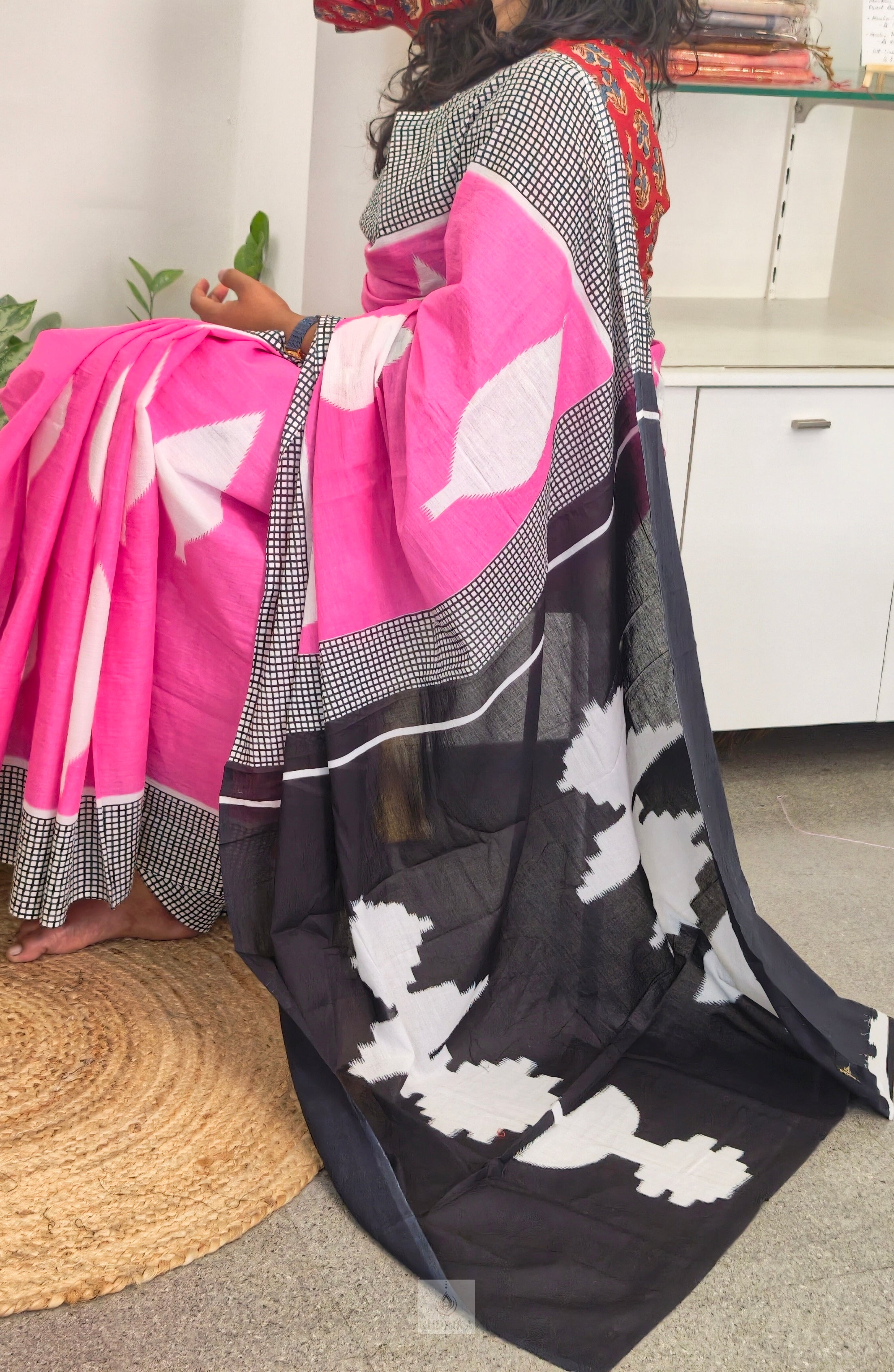 Soft cotton saree - pink and black