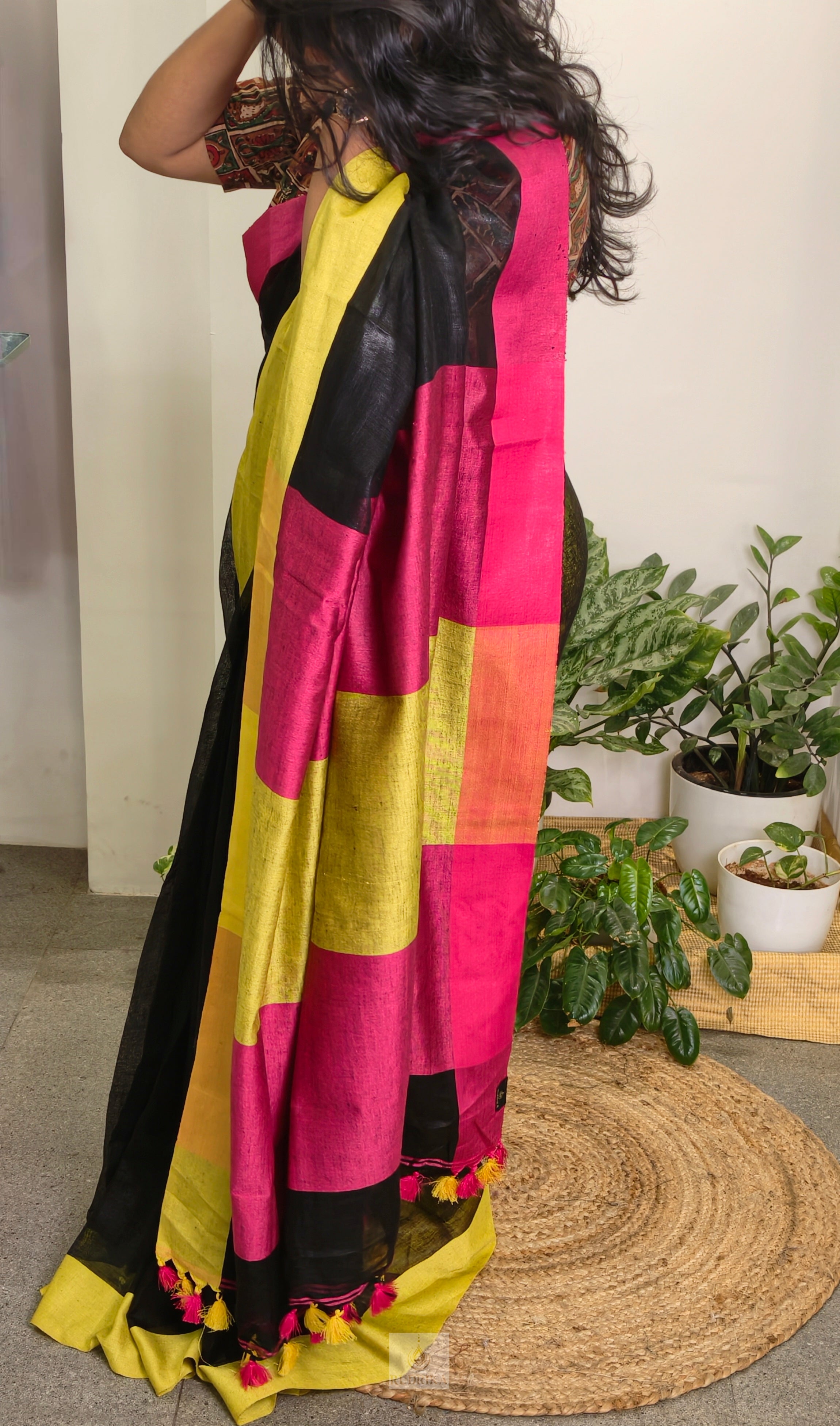 Linen saree - black with pink and lime green
