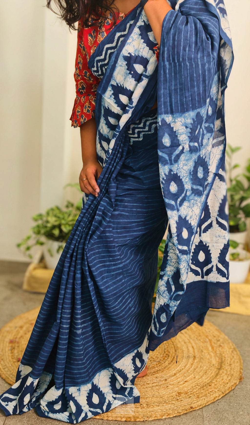 Soft cotton saree - indigo with stripes and flower motifs