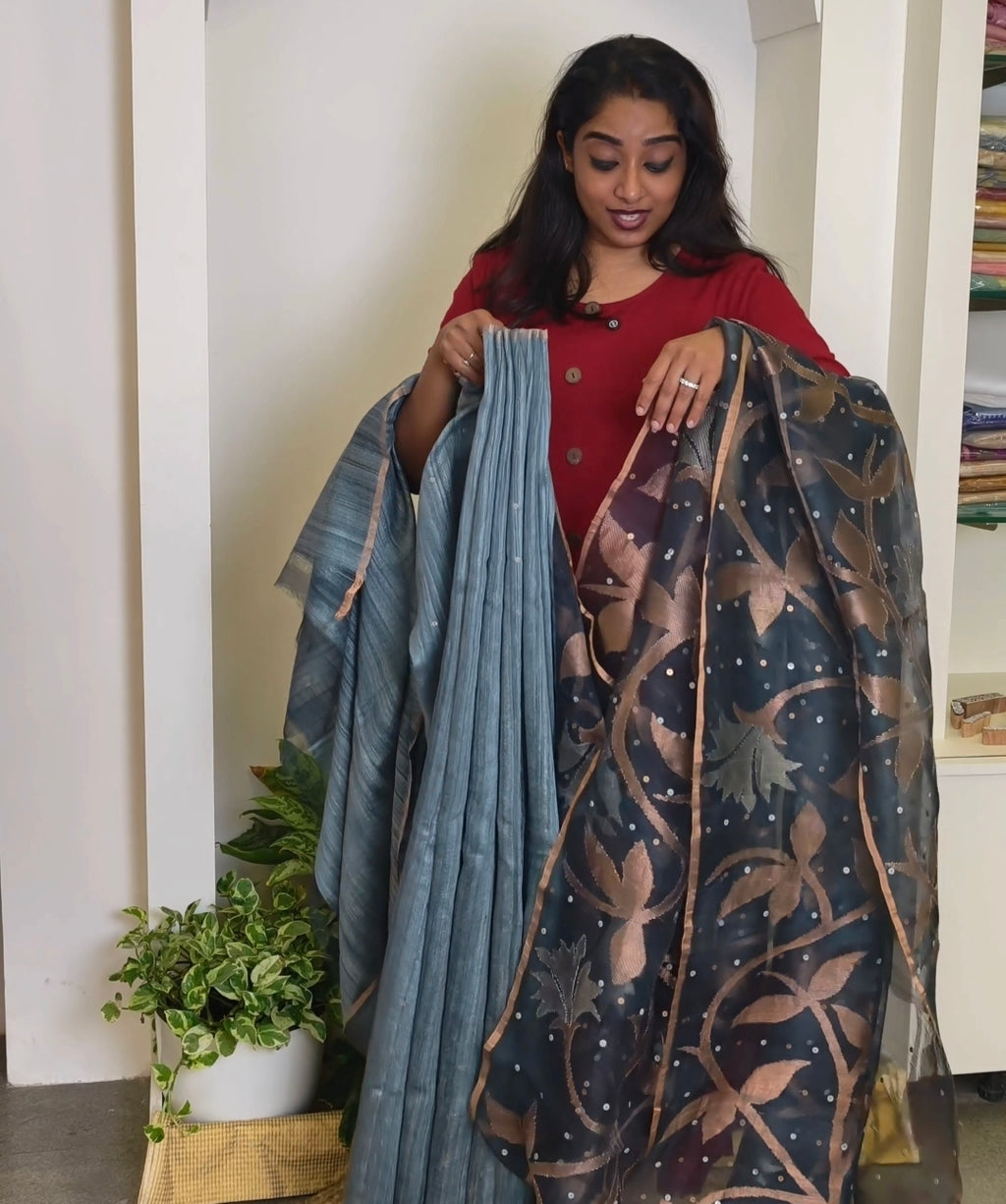 Jamdani Muslin Tussar Silk Saree