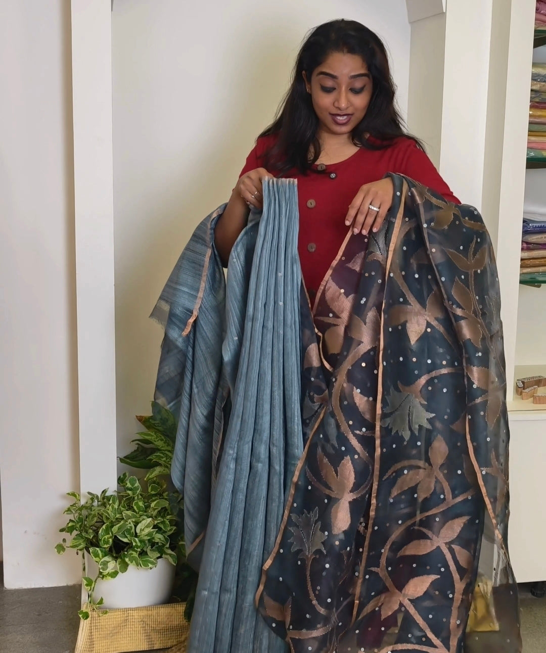 Jamdani Muslin Tussar Silk Saree