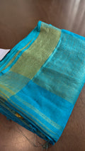 Linen - aqua blue with gold zari