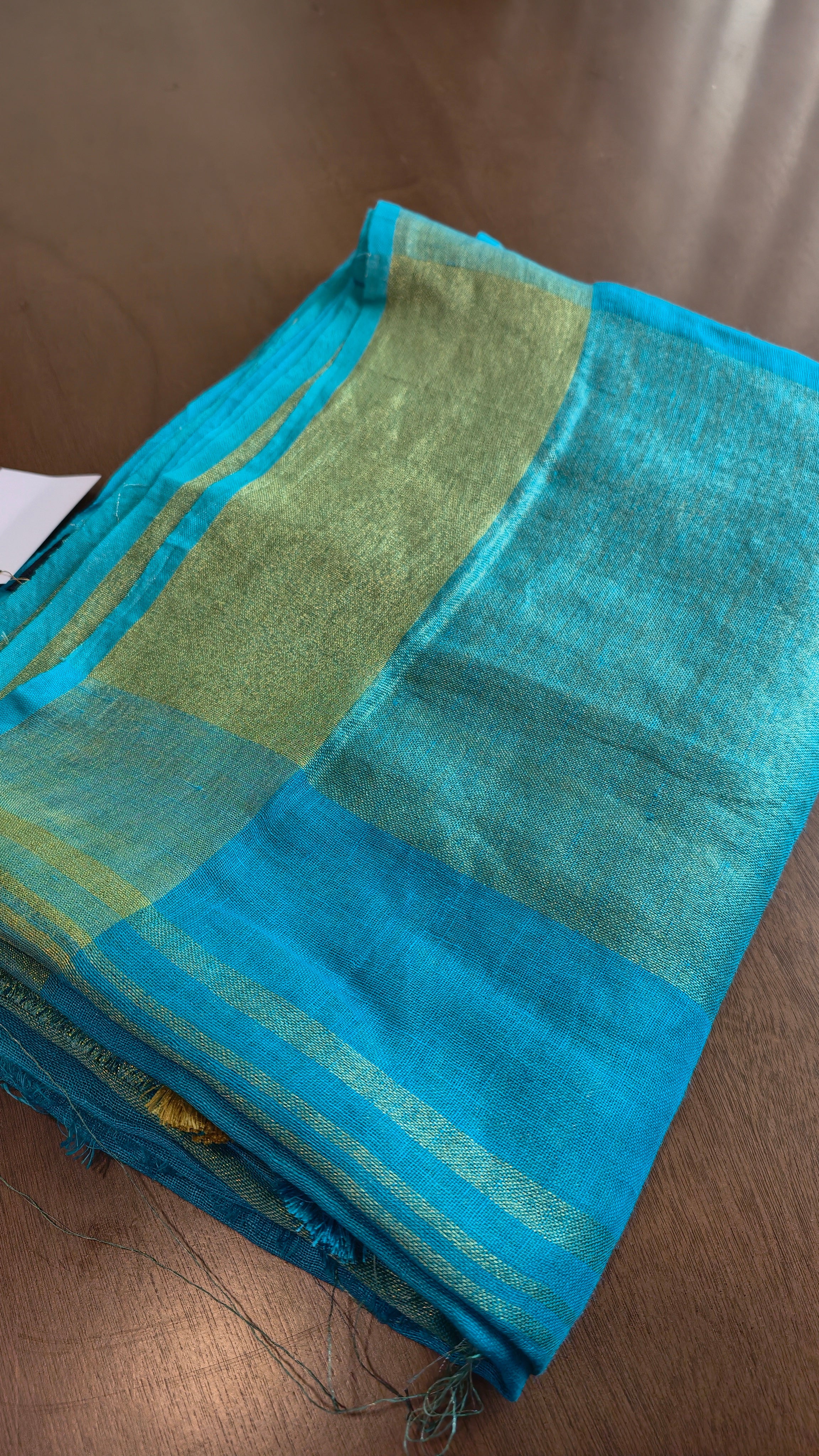 Linen - aqua blue with gold zari