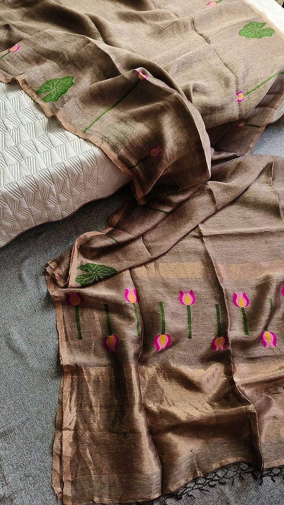 Silk Linen Sarees-Tulip style Floral Motifs