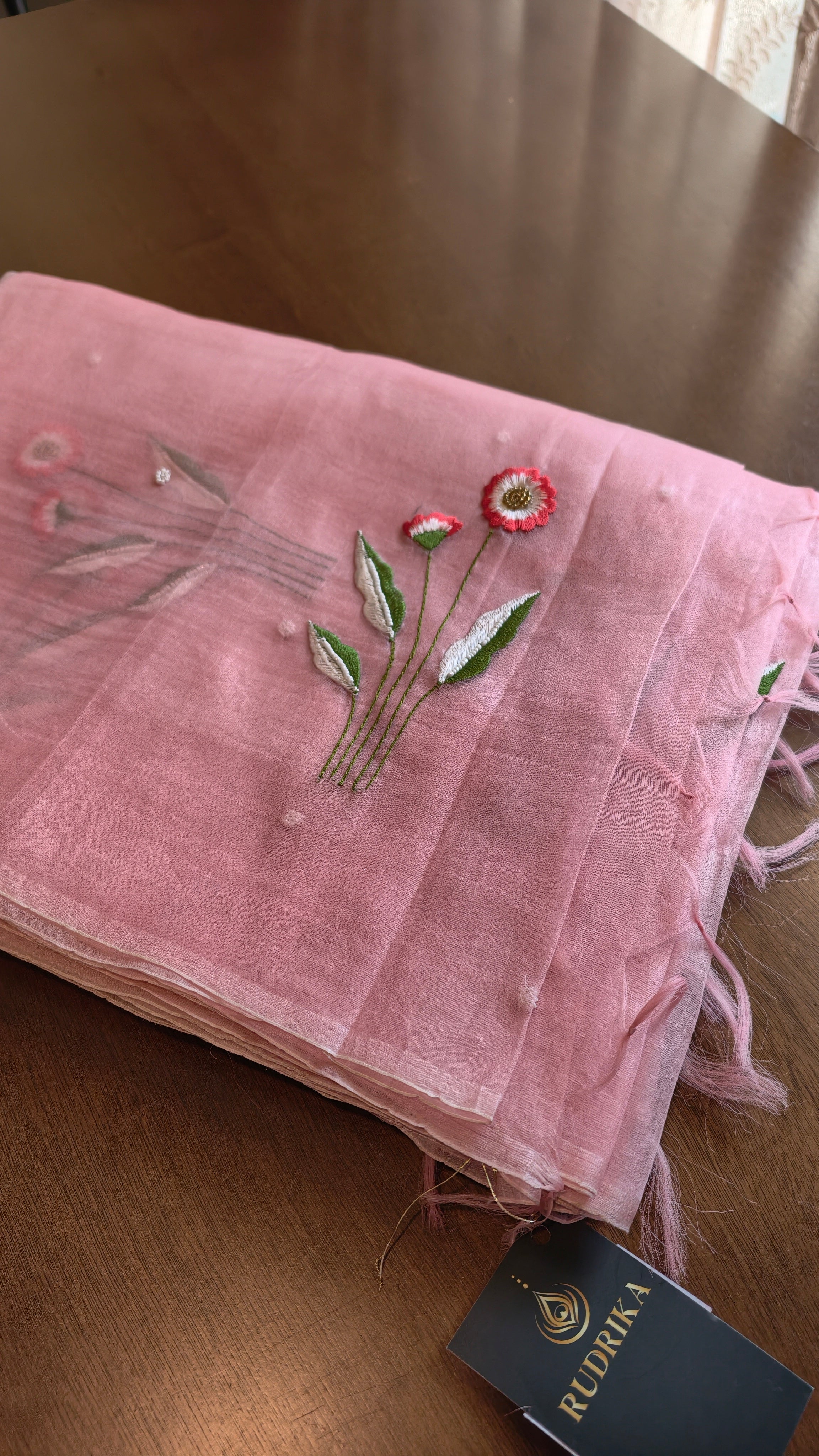 Organza - baby pink with floral embroidery