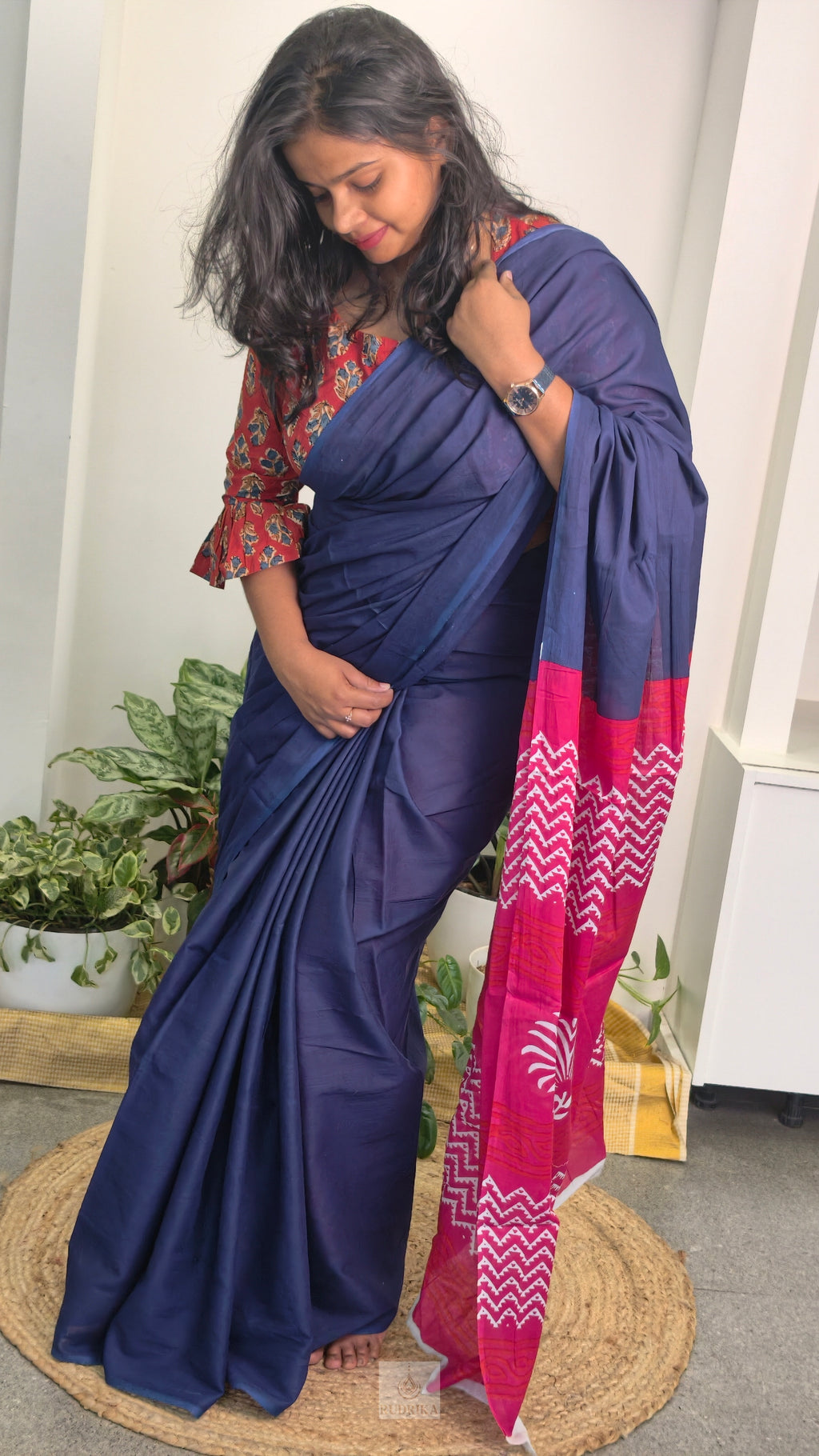 Soft Cotton Saree - blue and pink