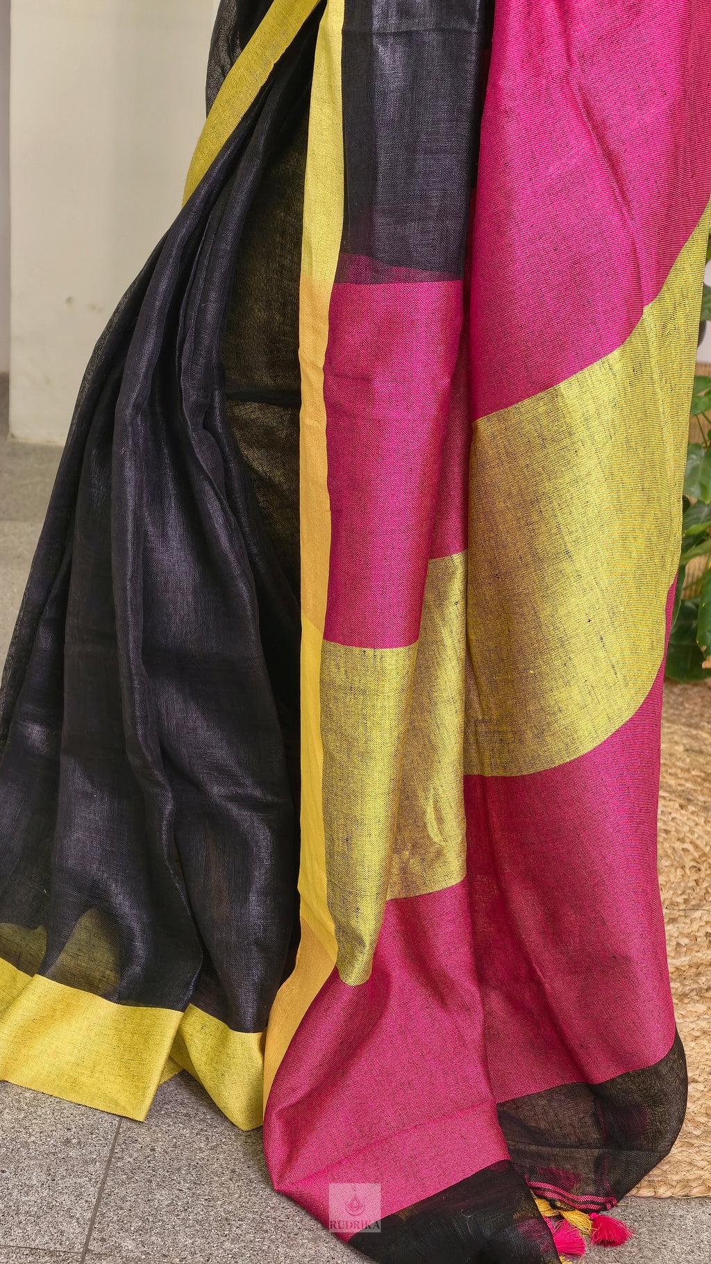Linen saree - black with pink and lime green