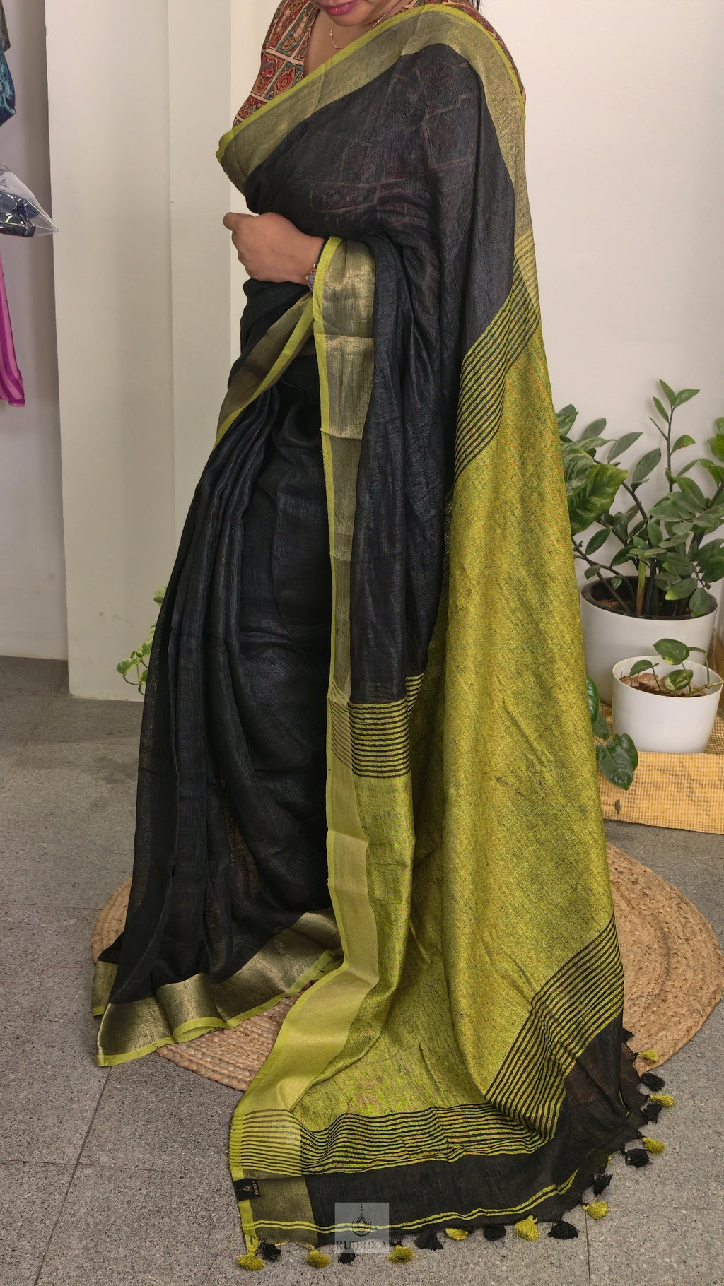Linen saree - black with lime green border