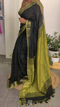 Linen saree - black with lime green border