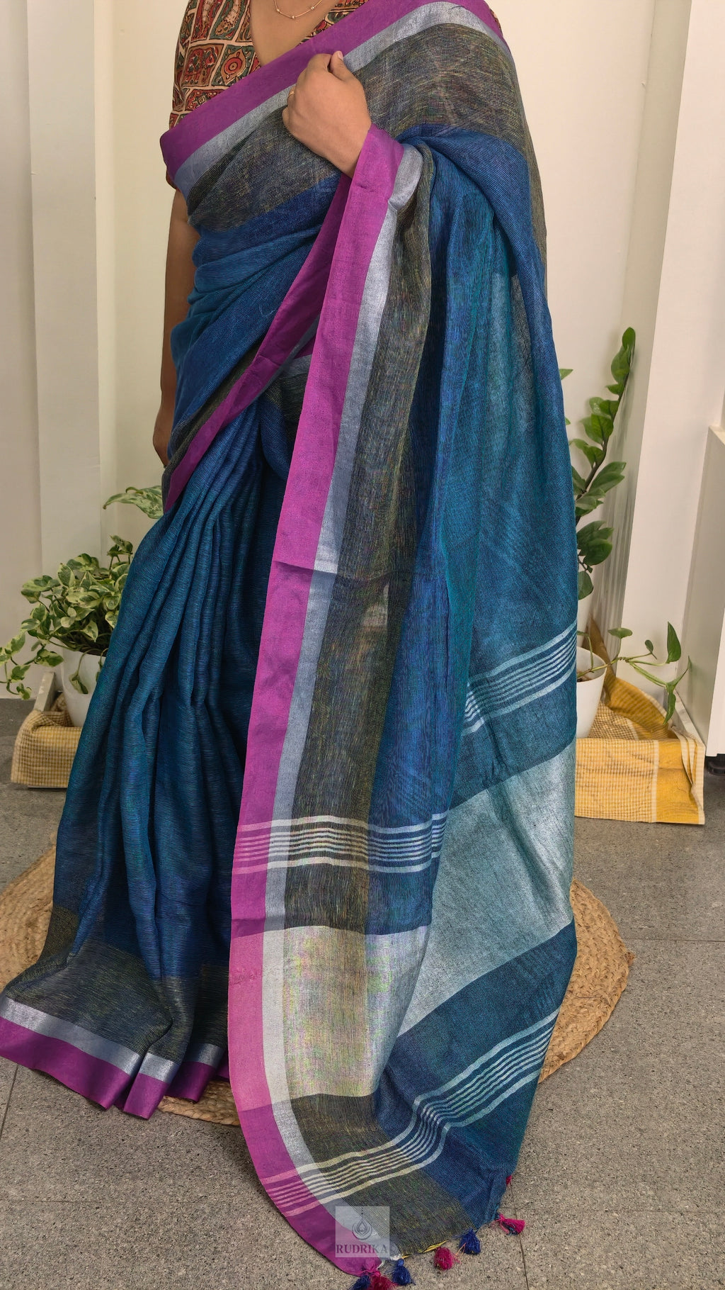 Linen saree - blue with pink border