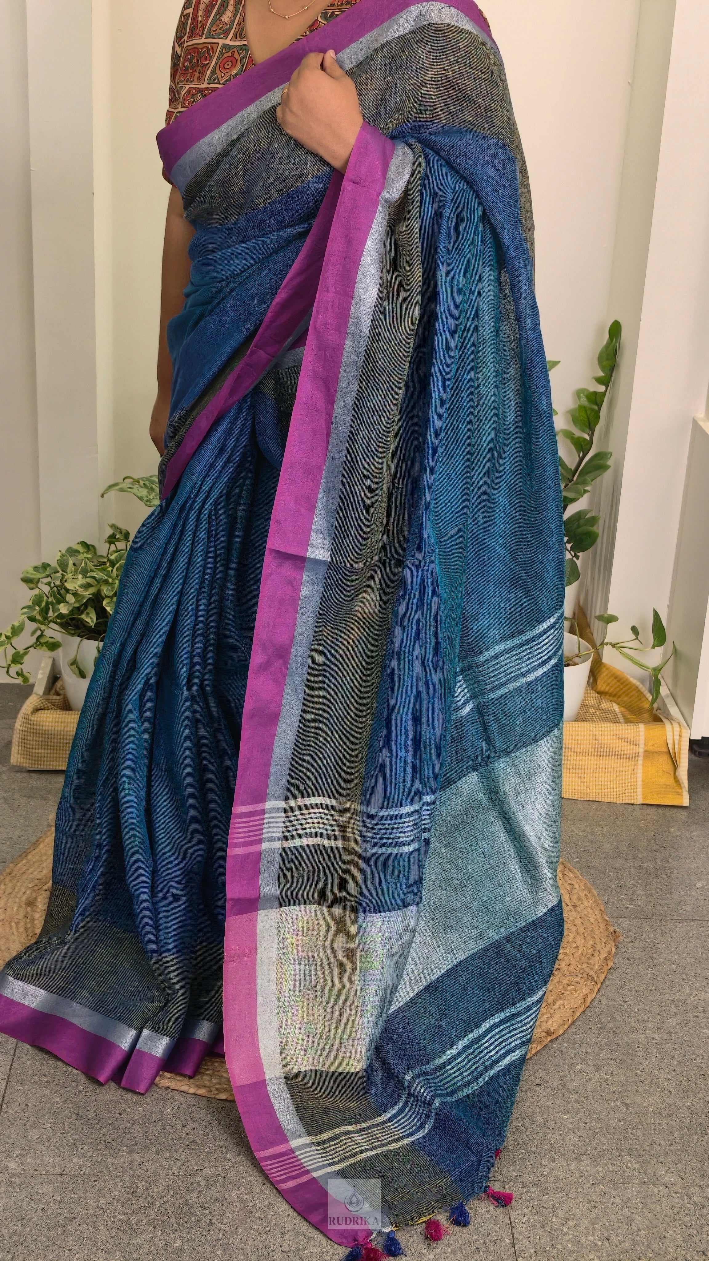 Linen saree - blue with pink border