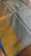 Linen- black and blue mini stripes with gold zari