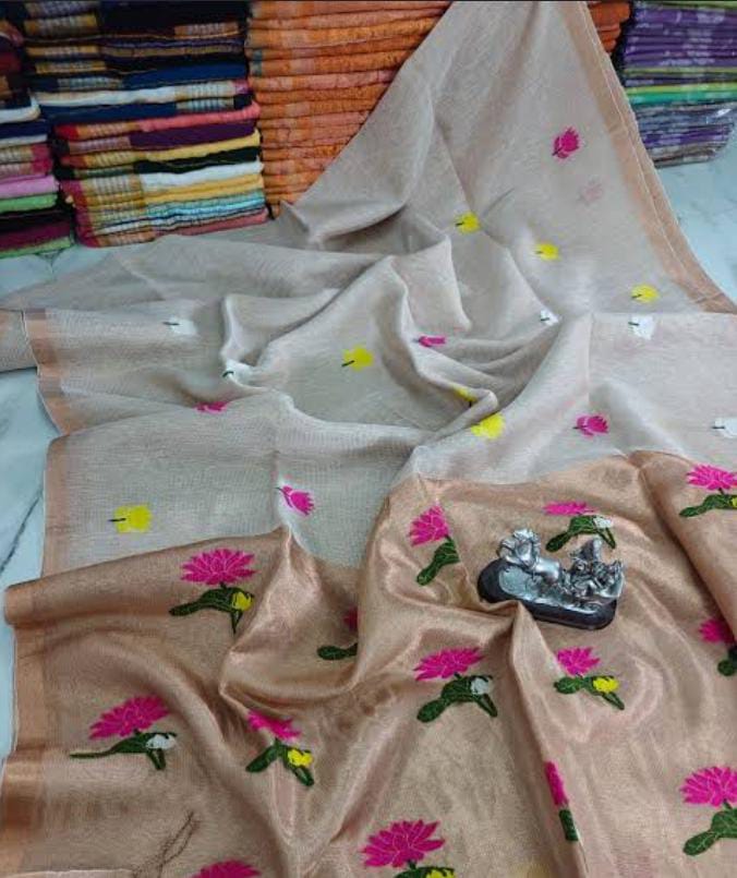 Linen Sarees with Peacock and Floral Motif