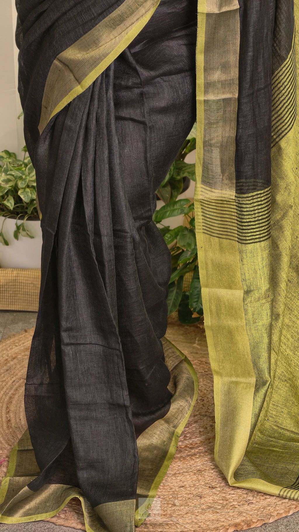 Linen saree - black with lime green border