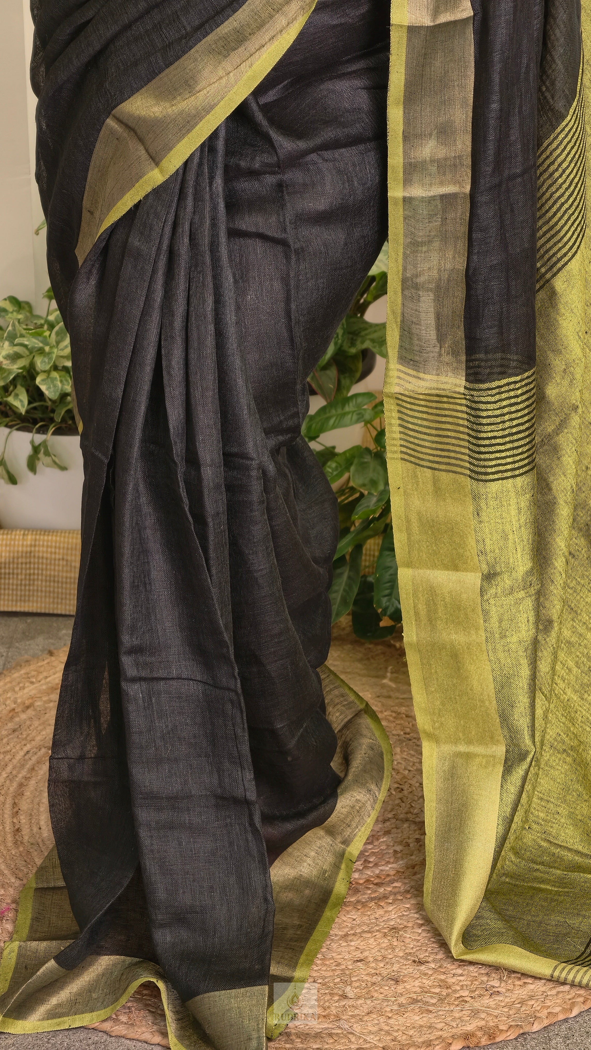 Linen saree - black with lime green border