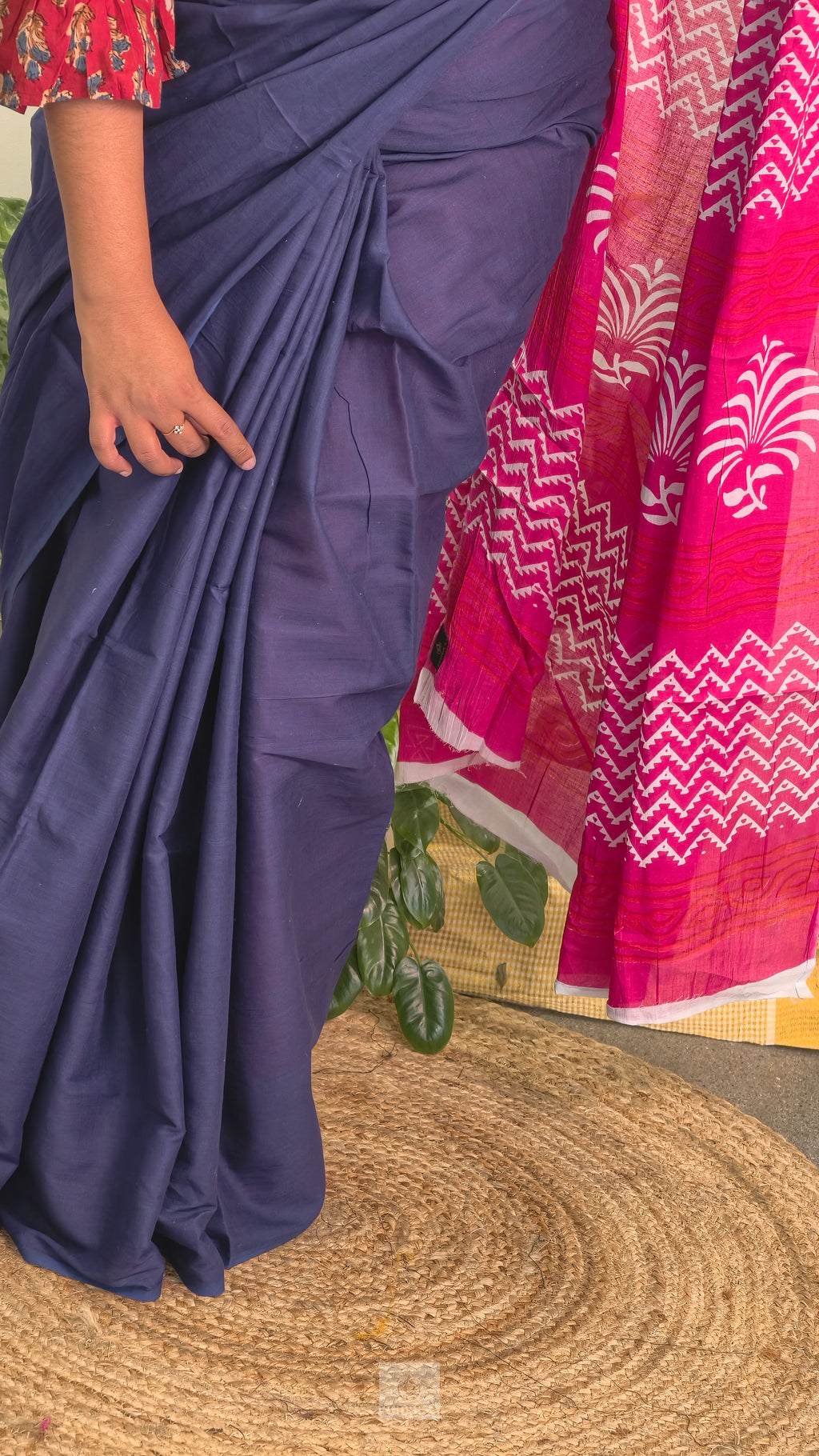 Soft Cotton Saree - blue and pink