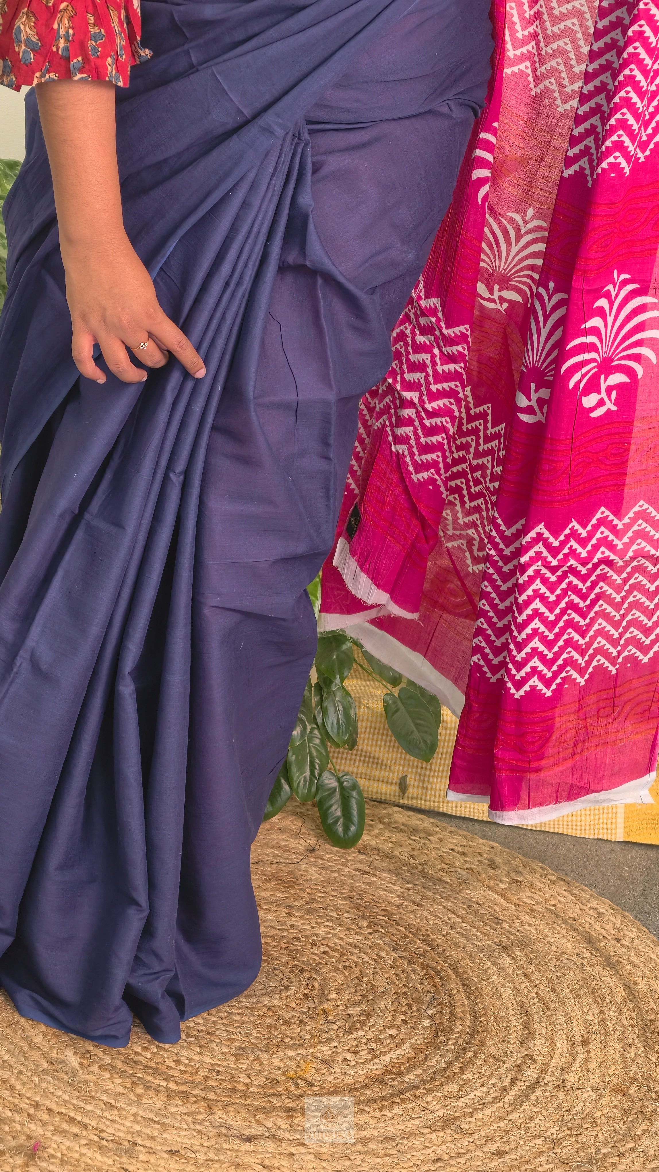 Soft Cotton Saree - blue and pink