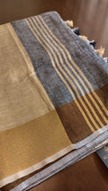 Linen - grey with copper zari and cream pallu